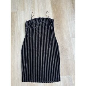 Olive Tree Y2K Black Velvet Striped Size L Mini Dress Metallic Silver Accents